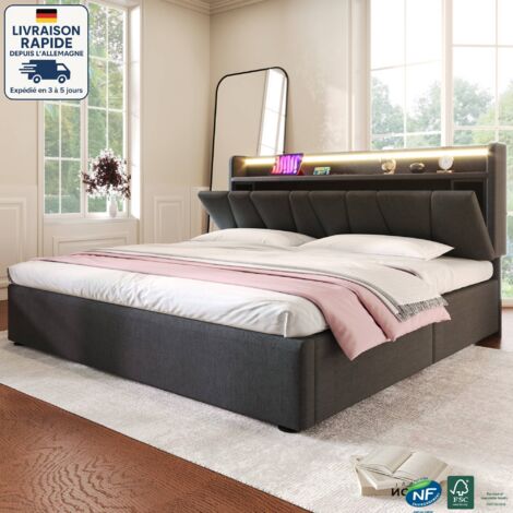 Lit coffre 140x200cm, lit double LED, sommier à lattes, gris, lit double, sans matelas (1/5)