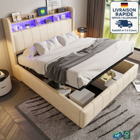 Lit coffre 160x200cm, lit double LED, tête de lit avec compartiments de rangement, USB, tissu en lin, lit adulte sans matelas, beige (1/5)