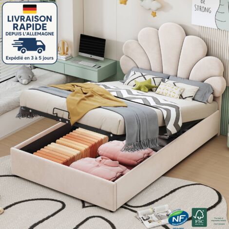 Lit coffre 90x200cm - Lit 90x200 -  velours, tête de lit réglable en hauteur, lit enfant, hydraulique, lit simple, beige (1/5)