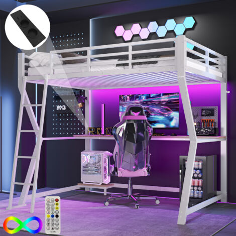Modfu – Lit mezzanine 90x200cm métal avec bureau et USB – Hauteur 177,5cm – Capacité 240kg – Éclairage LED intégré