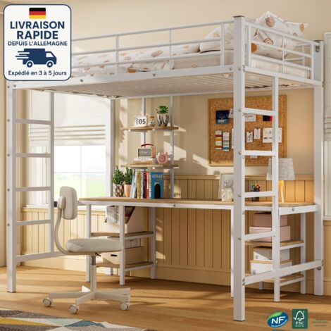 Lit mezzanine 90x200cm, sans matelas, MDF+métal, lit enfant avec bureau, blanc