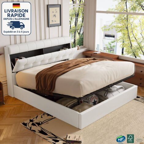 Lit coffre 160x200cm, cuir synthétique, lit adulte, sans matelas, hydraulique, lit double, blanc (1/5)