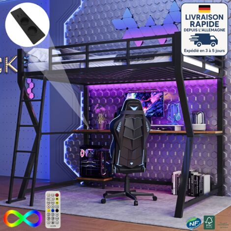 Lit mezzanine 90x200cm, lit simple LED, métal, avec bureau et USB, lit enfant sans matelas, noir