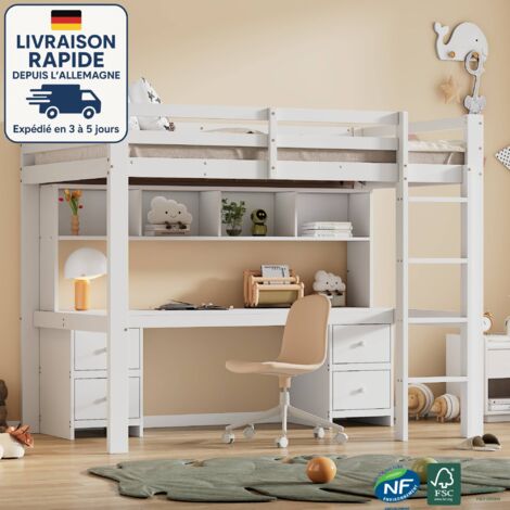 Modfu – Lit mezzanine 90x200cm en pin massif – Bureau intégré et rangement ouvert – Hauteur 167cm – Capacité 120kg – Blanc