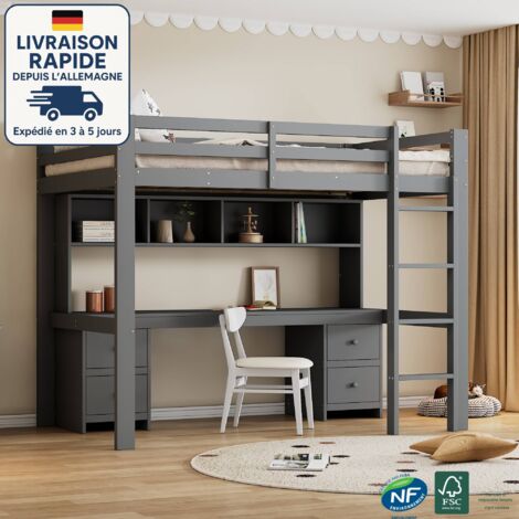 Lit mezzanine 90x200cm, pin, lit enfant avec bureau, rangement ouvert, lit simple, sans matelas, gris