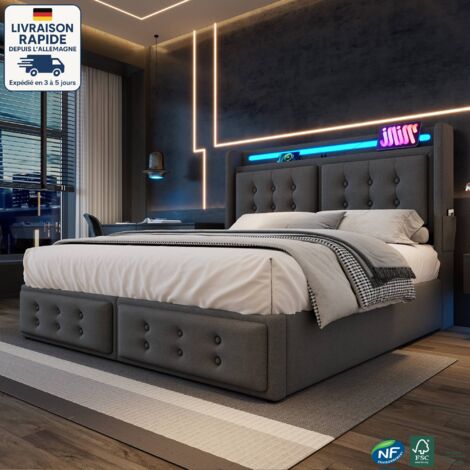 Modfu – Lit coffre 180x200cm – Tissu coton gris – Éclairage LED avec ports USB – Rangement hydraulique – Lit adulte moderne (1/5)