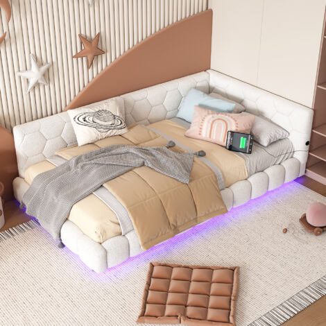 Canapé-lit simple, lit enfant, imitation laine, sans matelas, USB, Type-C, LED, blanc, 90x200cm (1/5)