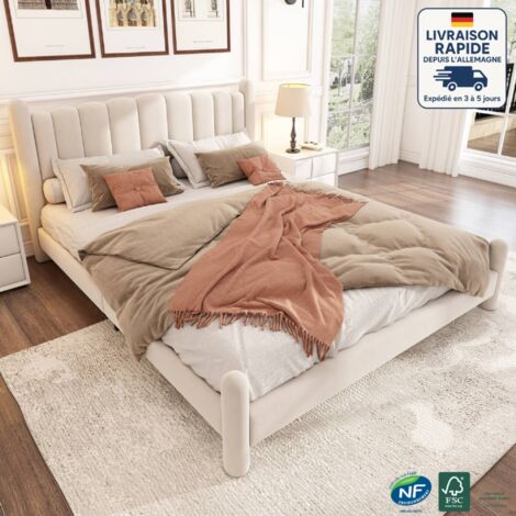 Lit double 160x200cm, velours, lit adulte sans matelas, sommier à lattes, beige, (1/5)