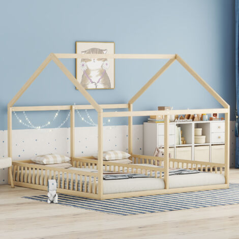Lit enfant 90x200 cm, lit cabane, lit double 2 en 1, 2 positions, sans matelas, pin, blanc (1/5)