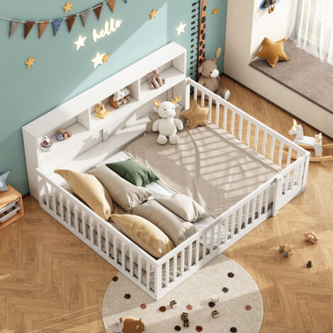 Lit enfant 140x200 cm, pin, tête de lit avec rangement, lit double sans matelas, blanc (1/5)