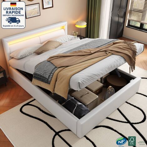 Lit coffre adulte 140x200cm, simili cuir, lit double LED, sans matelas, blanc (1/5)