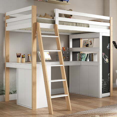 Lit mezzanine enfant 90x200cm, sans matelas, multifonctionnel, lit simple avec bureau et tiroir, couleur blanc + naturel, en bois