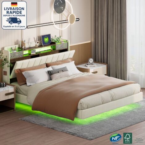 Lit adulte 160x200cm, sans matelas, lit double LED, tête de lit avec rangement, lin, USB, beige (1/5)