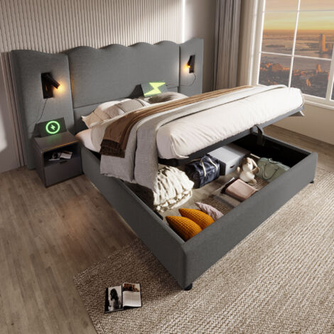 Lit coffre adulte 160x200cm, lin, sans matelas, tête de lit allongée, lit double avec liseuse, USB, gris (1/5)