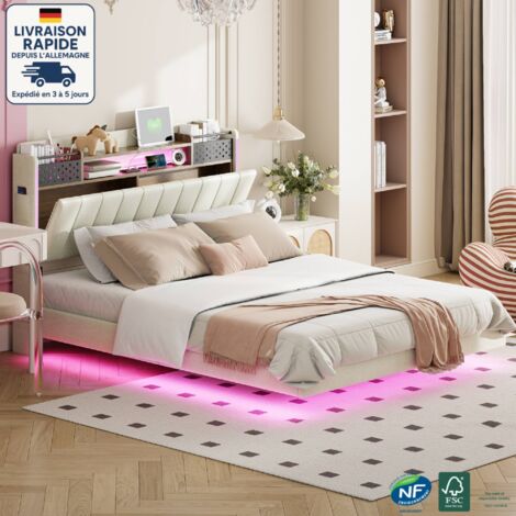Lit adulte 140x200cm, sans matelas, lit double LED, tête de lit avec rangement, lin, USB, beige (1/5)