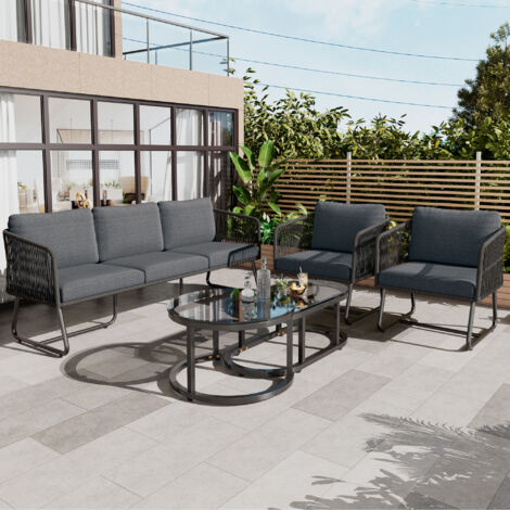 Ensemble table et chaise de jardin,Salon de jardin 5 pièces – 1 canapé 3 places, 2 fauteuils + 2 tables basses gigognes – Pieds réglables, plateau en verre – Métal gris avec coussins inclus – Design m (1/5)