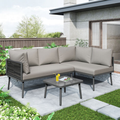 Ensemble table et chaise de jardin,Salon de jardin 4 places en L - 2 canapés + 1 table basse - Pieds réglables, coussins inclus - Structure en métal - Pour terrasse, jardin ou balcon - gris (1/5)