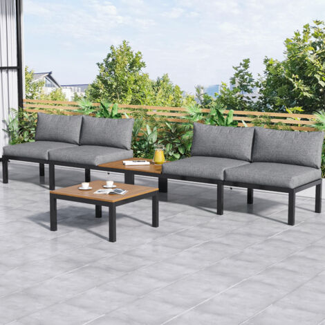 Ensemble table et chaise de jardin,Salon de jardin - 2 canapés + 2 tables d'appoint + 1 table rectangulaire centrale - réglable - métal - 6 places - pour jardin, terrasse ou balcon, gris (1/5)
