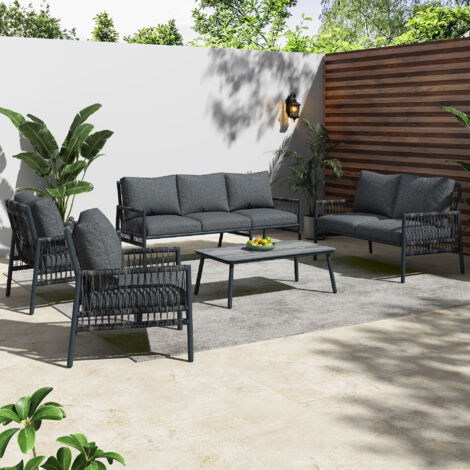 Ensemble table et chaise de jardin,Salon de jardin 7 places - 1 canapé 3 places, 1 causeuse, 2 fauteuils et 1 table basse fixe - Résine tressée, structure en métal, plateau en verre - Housse amovible (1/5)