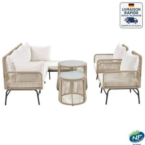 Salon de jardin 6 places – 2 canapés + 2 fauteuils + 2 tables rondes – structure métal – pour terrasse, balcon ou jardin, marron clair