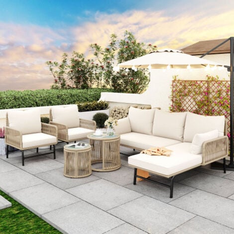 Salon de jardin 6 places – 2 canapés + 2 fauteuils + 2 tables rondes – structure métal – pour terrasse, balcon ou jardin, marron clair