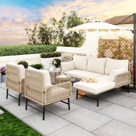 Salon de jardin 6 places – 2 canapés + 2 fauteuils + 2 tables rondes – structure métal – pour terrasse, balcon ou jardin, marron clair