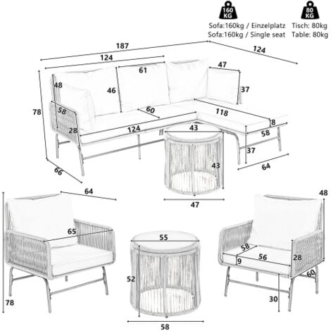 Salon de jardin 6 places – 2 canapés + 2 fauteuils + 2 tables rondes – structure métal – pour terrasse, balcon ou jardin, marron clair