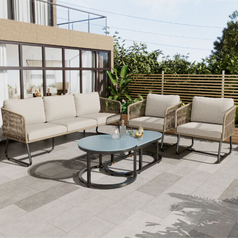 Ensemble table et chaise de jardin,Salon de jardin 5 pièces – 1 canapé + 2 fauteuils + 2 tables basses avec plateau en verre – Pieds réglables – Avec coussins – Métal – Beige – 5 places (1/5)