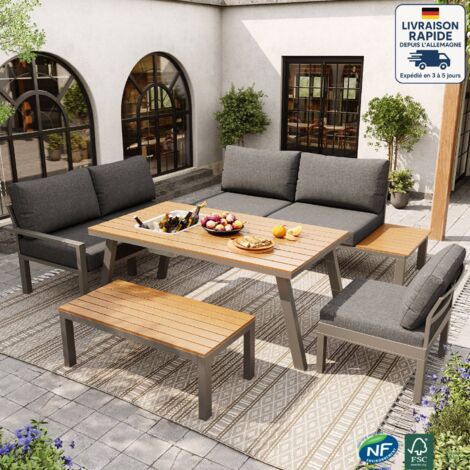 Set mobilier terrasse 6 places – Composé de 2 canapés, 1 fauteuil, 1 table avec seau à glace intégré + 1 banc – Structure en métal – Gris – Pour jardin, terrasse ou véranda (1/5)