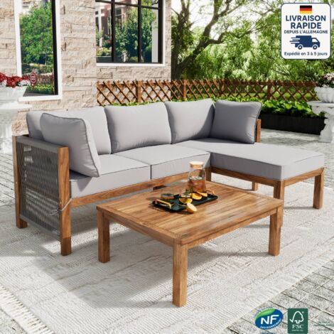 Salon d’extérieur 3 pièces – 2 canapés + 1 table rectangulaire, avec pieds ajustables – 4 places – Aluminium – Gris – Parfait pour terrasse, balcon ou véranda (1/5)