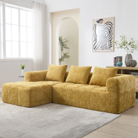 Canapés, fauteuil avec coussins, tissu chenille, jaune, canapé d'angle, canapé 3 places, 250x158x60cm (1/5)