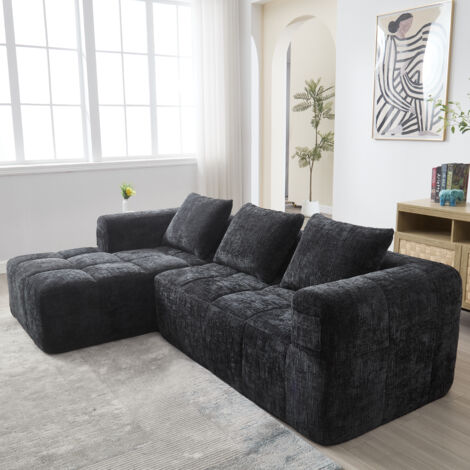 Canapés, fauteuil avec coussins, tissu chenille, noir, canapé d'angle, canapé 3 places, 250x158x60cm (1/5)
