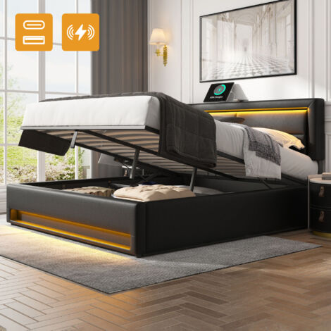 Lit avec tiroirs,Lit adulte,Lit coffre 140x190cm, lits doubles LED, sans matelas, lits pour adultes, PU, ​​noir (1/5)