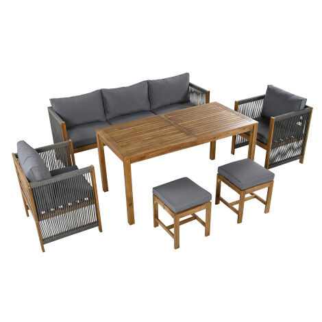 Salon de jardin 6 pièces – canapé 3 places, 2 fauteuils individuels, 2 tabourets et une table à manger avec plateau en bois d'acacia, mobilier d'extérieur, structure robuste, gris (1/5)
