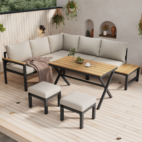 Ensemble de mobilier de jardin 4 pièces – canapé d’angle, 2 tabourets, 1 table à manger avec plateau en bois composite et étagère, structure en acier galvanisé, usage extérieur, gris (1/5)