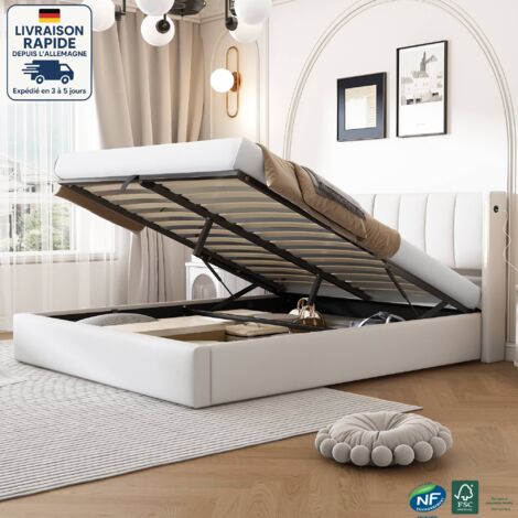 Lit coffre140 x 190 - Lits doubles coffre pour adultes/enfants cm, tête de lit réglable hydrauliquement, USB, LED, PU, sans matelas, blanc (1/5)