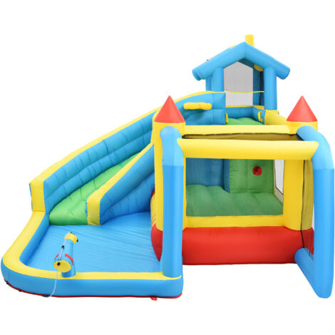 Château Gonflable Géant Avec Toboggan Sec/eau - 425x355 Cm, Trampoline, Panier De Basket, Pour 4 Enfants, 140 Kg Max