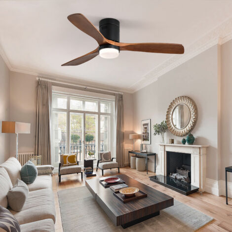 Ventilateur de plafond 132x132x30cm, LED, avec télécommande, moteur DC, métal et bois, noir/marron (1/5)
