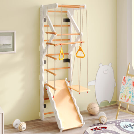 Toboggan 6 en 1 pour enfants, structure d'escalade avec balançoire, multifonction, convient pour une utilisation en intérieur, bois, couleur naturelle (1/5)