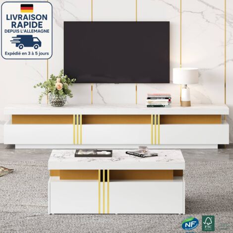 Modfu – Ensemble de meubles de salon effet marbre – Meuble TV 200x40x42cm et table basse fixe – Aggloméré blanc moderne – Capacité 30 kg (1/5)