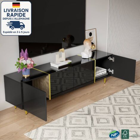 Meuble TV 170x35x46cm avec 4 portes, convient pour TV 50 pouces, décoration dorée, sans poignées, convient pour salon, MDF, noir (1/5)