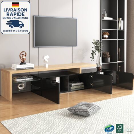 Meuble TV 197,5x39x42cm avec 3 portes, adapté pour TV 80 pouces, étagères en verre, sans poignées, adapté au salon, MDF, couleur noir et naturel (1/5)