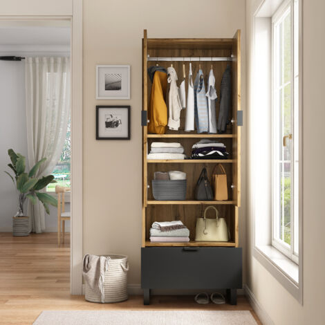 Armoire 180x38x65cm avec 1 tiroir 2 portes, 1 compartiment de rangement, étagère réglable, aggloméré, coloris naturel (1/5)