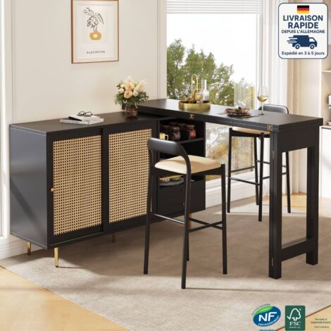 Modfu – Table de salle à manger extensible 107x40cm – Rotation 360° – Buffet avec rangements – MDF noir – Design rétro élégant (1/5)