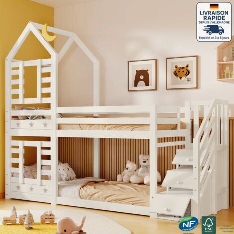 Cadres de lit superposés pour enfants 90x200cm pour lits mezzanine, échelle avec fonction de rangement, sommier à lattes, bois, sans matelas, blanc