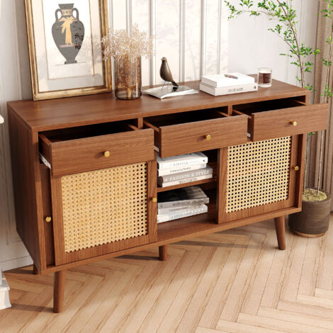 MODFU Crédence et buffet 120x40x78cm commode avec 3 tiroirs et 3 portes coulissantes, poignées en métal doré, étagères réglables, pieds en bois, noyer (1/5)