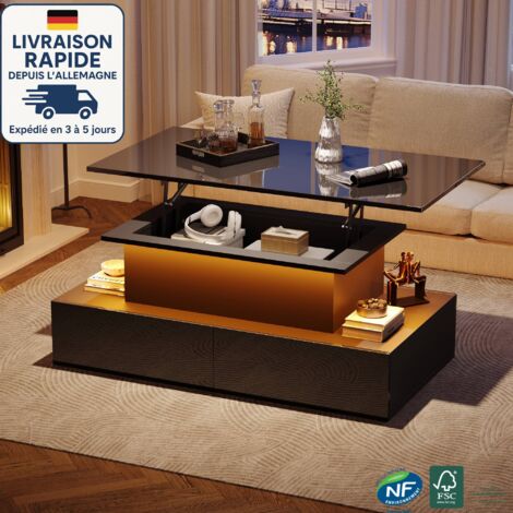 Modfu – Table basse relevable 90 x 55 x 41 cm – 4 tiroirs avec ouverture par pression – Charge 30 kg – Panneaux de particules noir – Design moderne avec LED