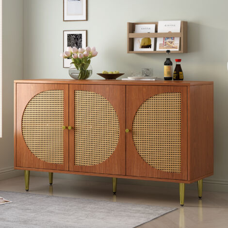 Buffet buffet 129,8x40x70 cm avec 3 portes, design rotin, meuble haut, multifonction, poignées en métal, aggloméré, noyer (1/5)