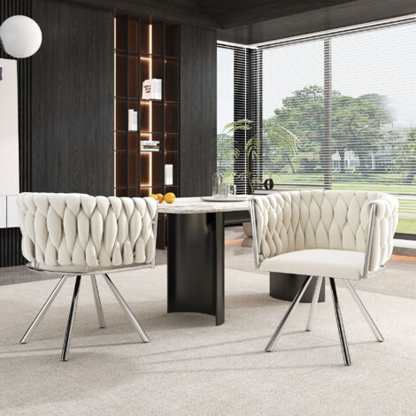 Chaises de salle à manger MODFU, fauteuil, chaises pivotantes, pieds en métal, salon/salle à manger/chambre - Beige/Argent, velours, 2 pièces (1/5)