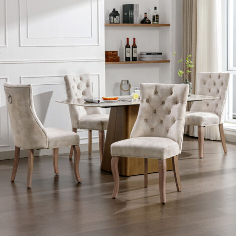 Chaises de salle à manger, dossier haut, capitonnées, bois et velours, beige clair - 4 pièces (1/5)